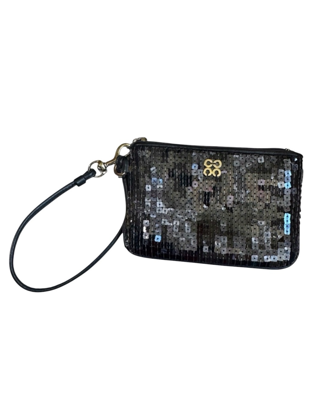 Coach Sequin Wristlet Wallet Clutch Bag Leather Black Silver Evening Zip Tech